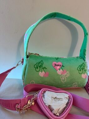 Juicy Couture Green Velvet Cherry Mini Shoulder Bag with Pink Strap